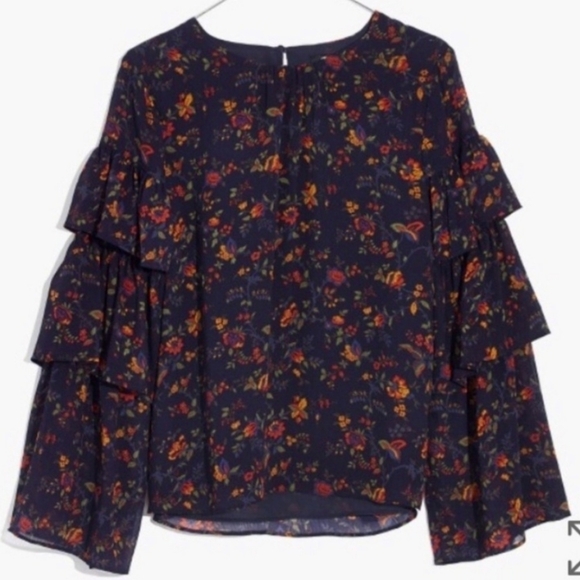 Madewell • Ruffled Tiered Sleeve Floral Blouse Navy Climbing Vine Women's Small - Picture 3 of 9
